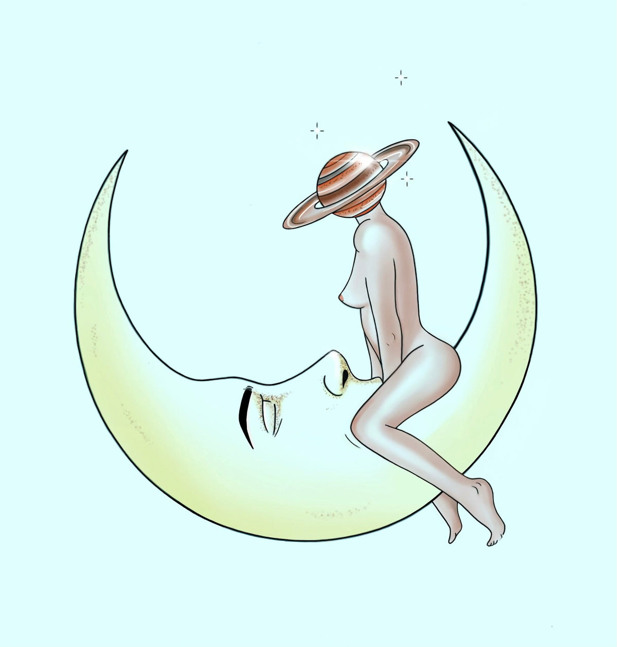 A satin print of a digital design featuring a stylized illustration of a person sitting on a crescent moon with a red and white striped hat resembling a planet.