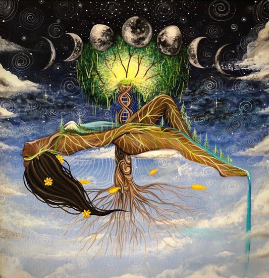 A woman floating in the sky with a tree growing from her stomach.