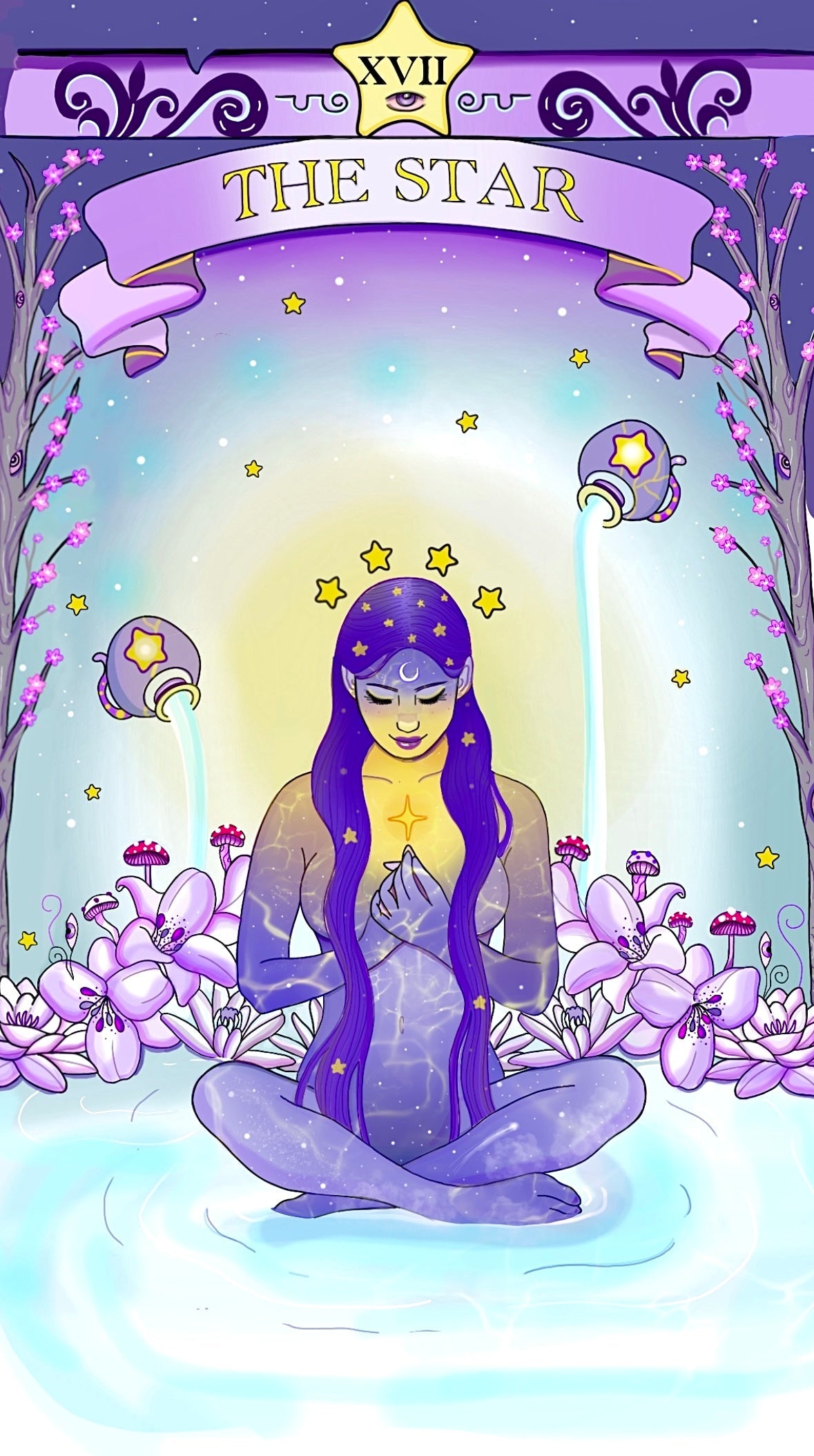 An illustration drawn on an iPad. A spiritual woman sitting in water with a glowing entity in her hands