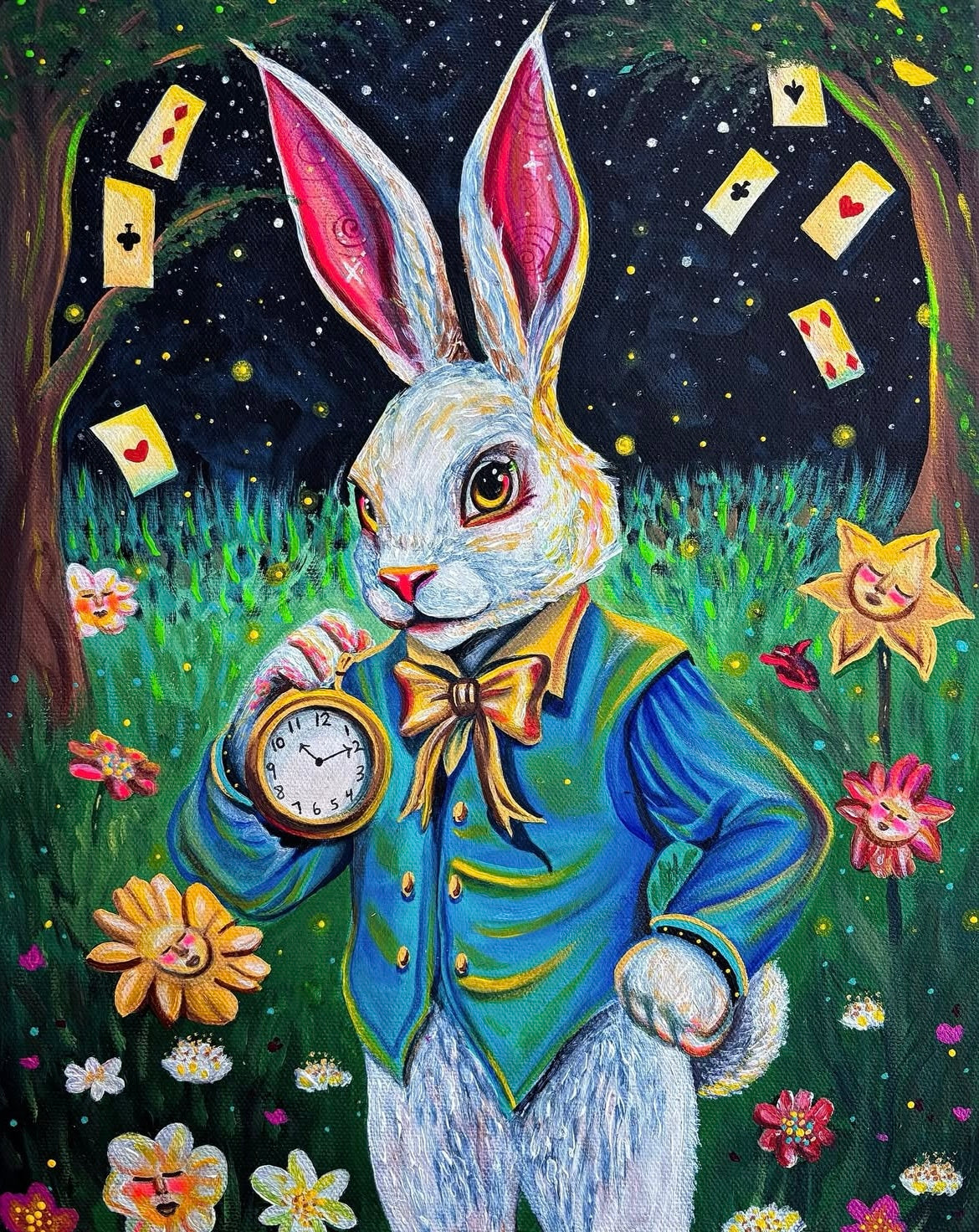 Illustration of a rabbit in a blue suit holding a clock, surrounded by flowers and cards in a magical forest.
