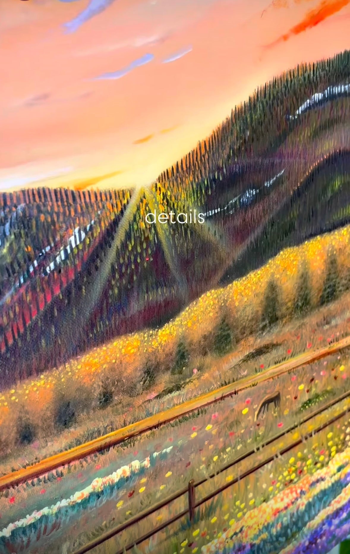 Artistic depiction of a landscape with hills, warm colors, fields with horses, and a road.