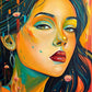 Artistic portrait of a woman with vibrant warm colors and abstract glitchy elements.