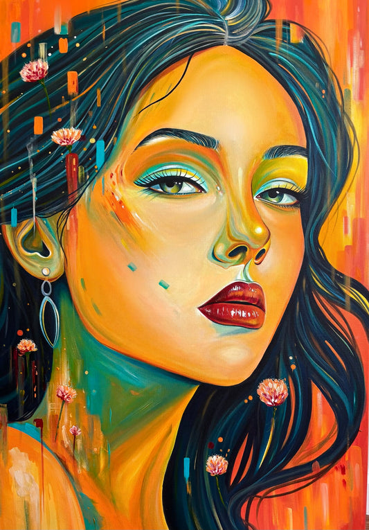 Artistic portrait of a woman with vibrant warm colors and abstract glitchy elements.