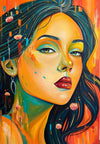 Artistic portrait of a woman with vibrant warm colors and abstract glitchy elements.