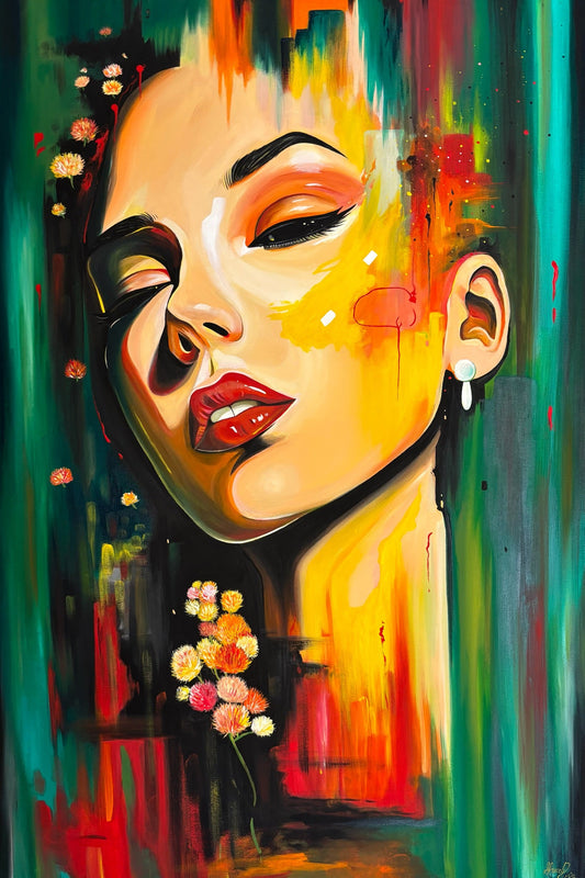 This image features the "Vermilion Original Painting," a striking piece of modern art. The painting portrays an abstract, emotional portrait of a female figure, rendered in bold, expressive strokes and a vibrant color palette.