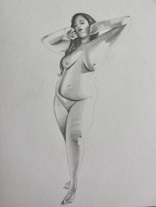Pencil drawing of a nude figure on a light grey background. The woman is standing with h both her arms behind her head. 