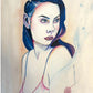 Artistic illustration of a person with blue hair and loose watercolor brushstrokes. 