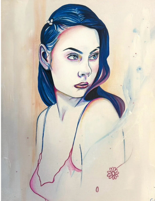 Artistic illustration of a person with blue hair and loose watercolor brushstrokes. 