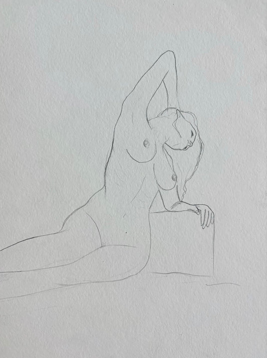 Sketch of a nude woman on a light grey background. The woman is lying down with her arm stretched behind her hair. 