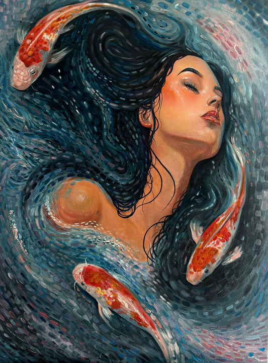 An impressionistic painting of a woman with closed eyes and flowing dark hair, surrounded by koi fish in swirling blue water.