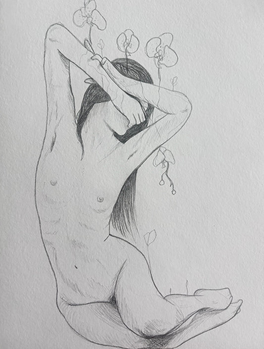 Pencil drawing of a nude figure with orchids on a light gray background