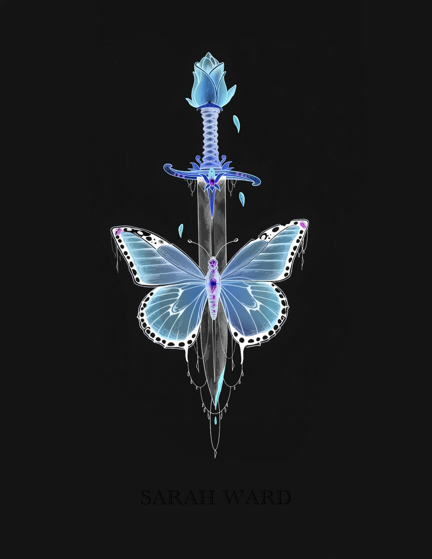 A butterfly and swords. The colors are inverted and glow in the dark. 
