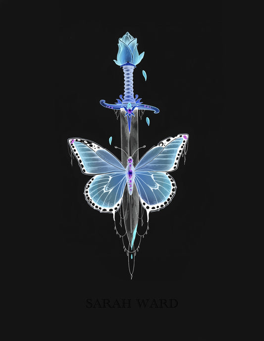 A butterfly and swords. The colors are inverted and glow in the dark. 
