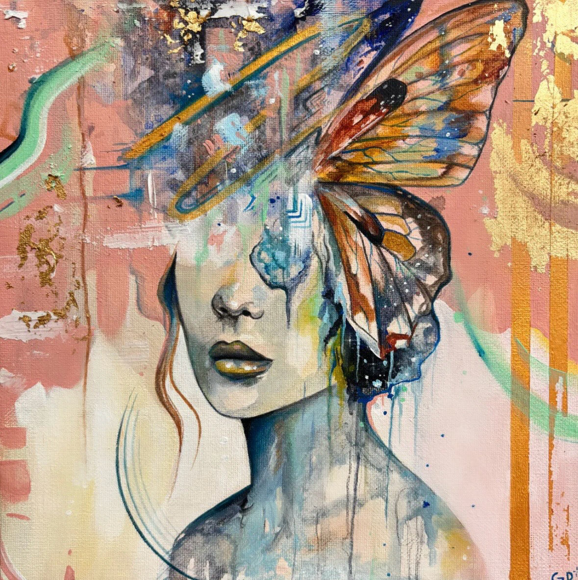 An artistic depiction of a woman's face with butterfly wings. This painting is abstract. The color palette is cool with lots of blues and pinks.  