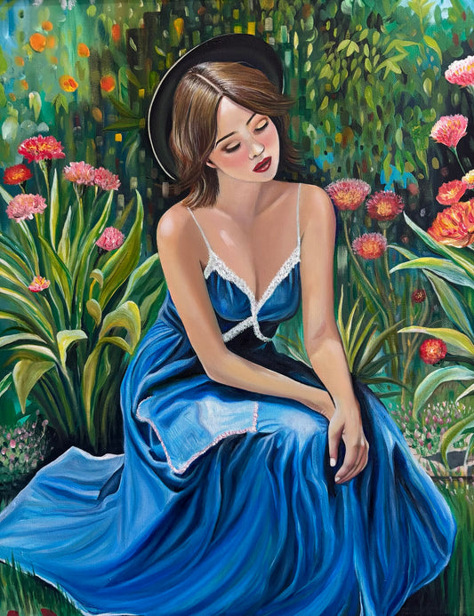 A painted portrait of a seated woman in a flowing blue dress and black hat, surrounded by lush green foliage and pink flowers.
