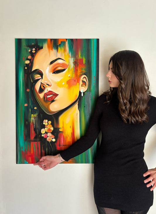 Gracey Ripa standing with her large abstract painting of a woman. The colors used are teal, yellow, and bold red. 