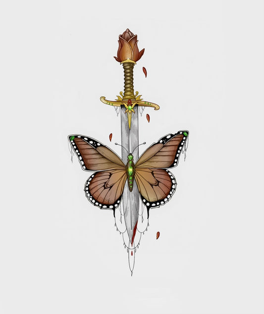 A logo design featuring a butterfly next to a sword with a rose above the sword. The colors are primarily brown, green, and white, and the background is plain.
