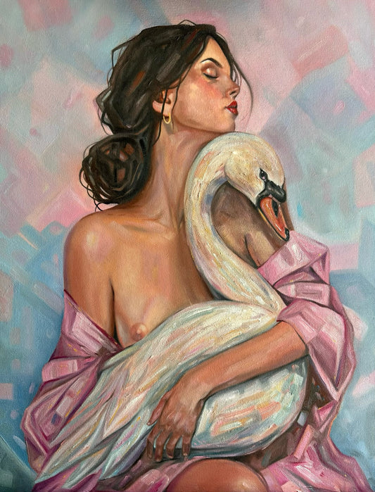 An oil painting of a woman with dark hair embracing a white swan, draped in pink fabric against a pastel pink and blue background.