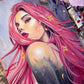 Artistic depiction of a woman with pink hair and flowers on a textured surface.
