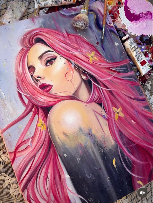 Artistic depiction of a woman with pink hair and flowers on a textured surface.