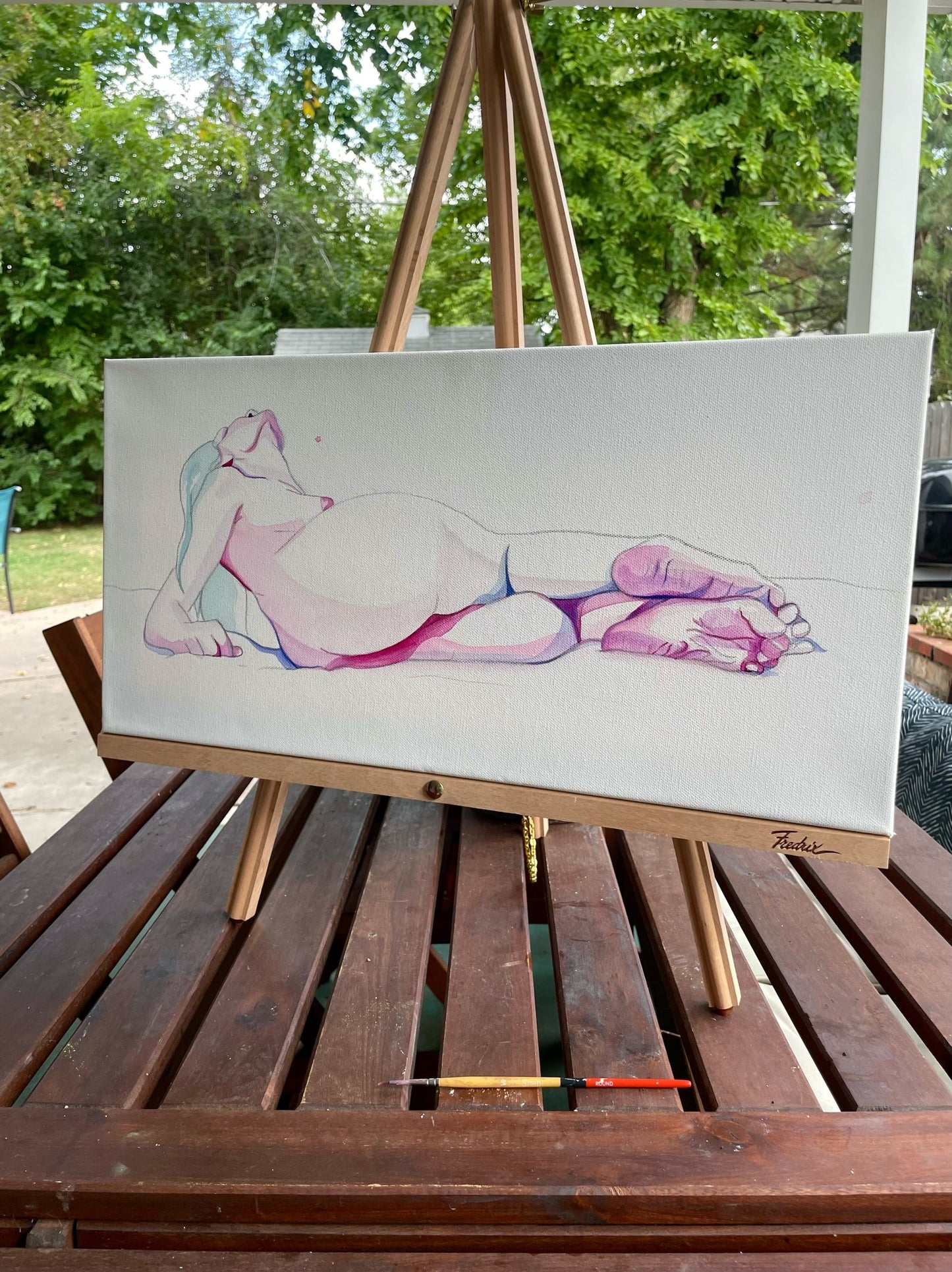 This image displays a delicate watercolor painting titled "Reclining Form Study". The artwork, measuring 10” X 20”, features a nuanced depiction of a reclining nude female figure.