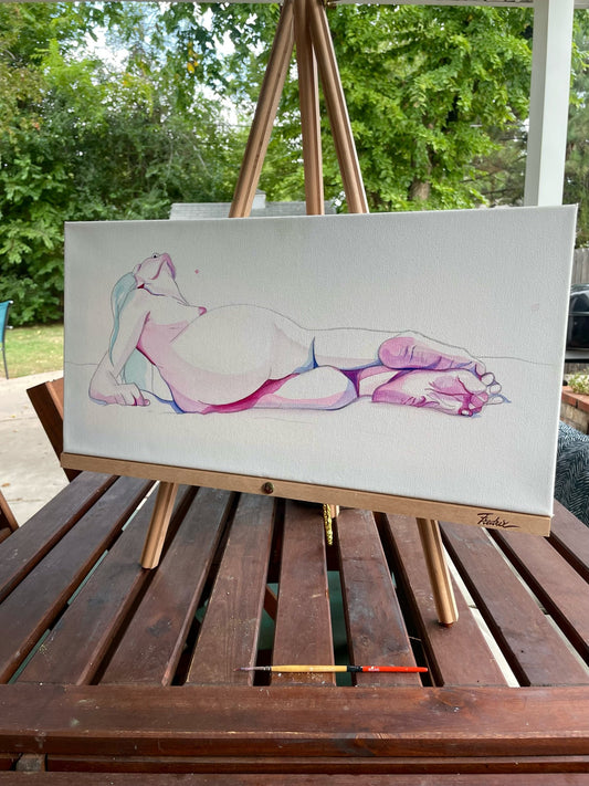 This image displays a delicate watercolor painting titled "Reclining Form Study". The artwork, measuring 10” X 20”, features a nuanced depiction of a reclining nude female figure.