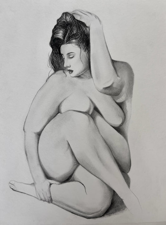 Pencil drawing of a nude woman sitting with one arm raised on a light gray background