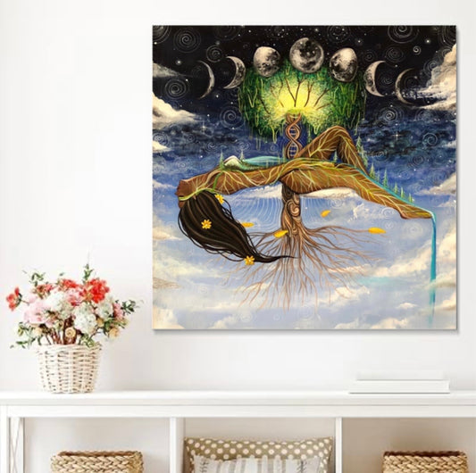 A square wall art print depicting a stylized tree of life with flowing blue water and moon phases above, displayed on a white wall above a shelf with flowers and baskets.