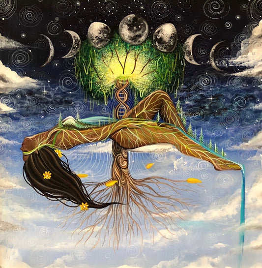 A print of a painting titled 'The Divine Feminine,' featuring a stylized female figure with tree-like elements and celestial motifs.