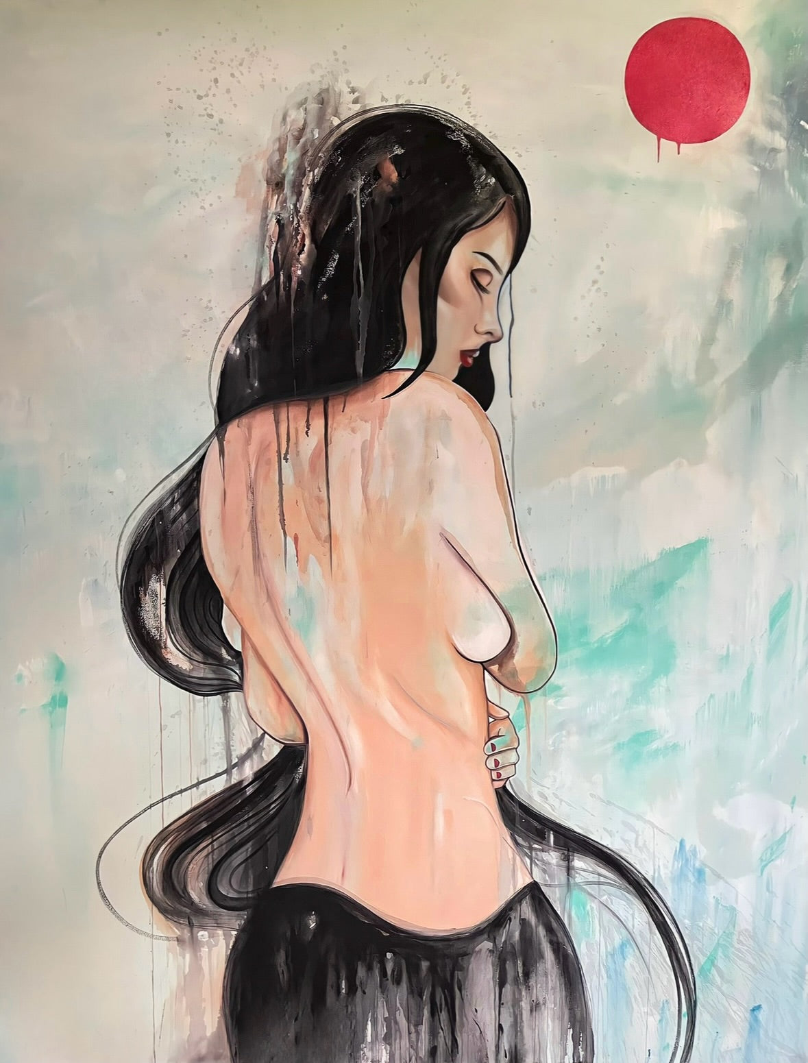 This image features a canvas print titled "Rain". The artwork depicts a delicate and evocative painting of a woman viewed from behind, her figure slightly blurred, adding a touch of mystery.