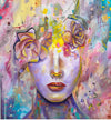 Colorful abstract painting of a face with flowers