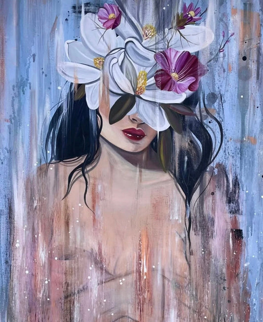 A canvas print of an acrylic painting depicting a partial figure with a floral design covering the head and part of the face, in a mix of acrylic colors on a gray background.