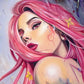 Close up picture of an oil painting of a pretty woman with pink hair and makeup, surrounded by paintbrushes and artistic elements.