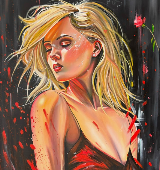 Artistic depiction of a woman with blonde hair and red accents against a dark background.