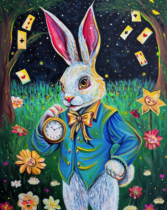 Illustration of a rabbit in a blue suit holding a clock, surrounded by flowers and cards in a magical forest.