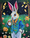 Illustration of a rabbit in a blue suit holding a clock, surrounded by flowers and cards in a magical forest.