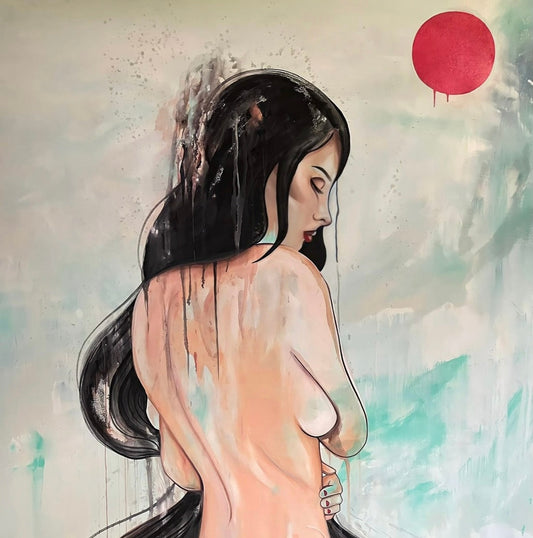 Artistic depiction of a woman with long hair against a textured background with a red moon circle.