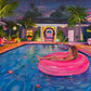 A colorful painting of a woman lounging in a pink float on a swimming pool at night, with palm trees, a house, and a starry sky in the background.
