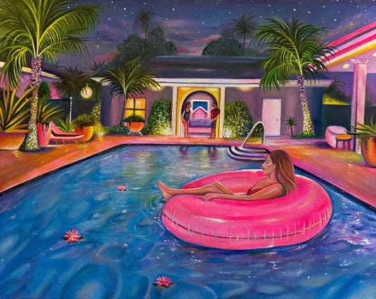 A colorful painting of a woman lounging in a pink float on a swimming pool at night, with palm trees, a house, and a starry sky in the background.