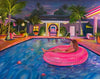 A colorful painting of a woman lounging in a pink float on a swimming pool at night, with palm trees, a house, and a starry sky in the background.