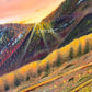 Artistic depiction of a landscape with hills, warm colors, fields with horses, and a road.