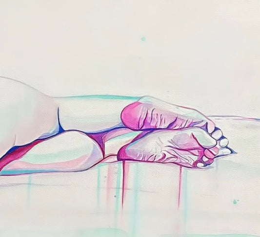 Colorful abstract art of feet folding on top of each other on a light background