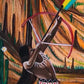 Artistic depiction of a person with a bow and arrow in a natural landscape