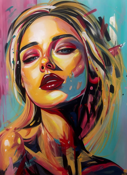 Colorful abstract painting of a woman's face with vibrant colors. The woman is blonde and she has red lipstick. 