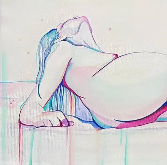Colorful abstract illustration of a reclining figure on a light background