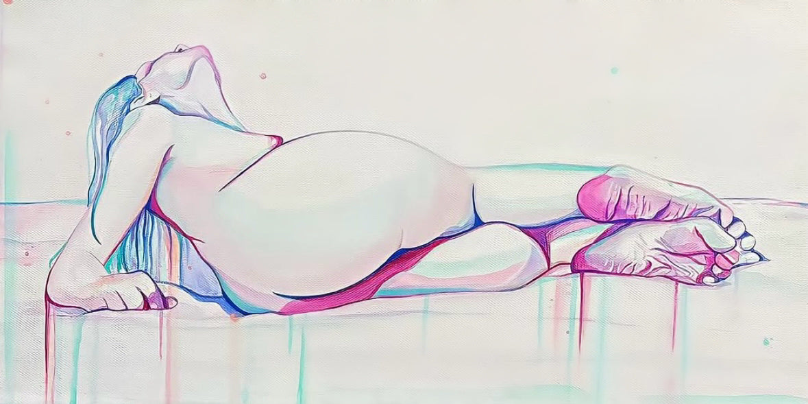 Colorful abstract drawing of a reclining figure on a light background