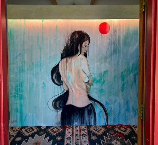 A large watercolor painting of a woman with long hair and a red circle above her head, framed by a colorful red room. 
