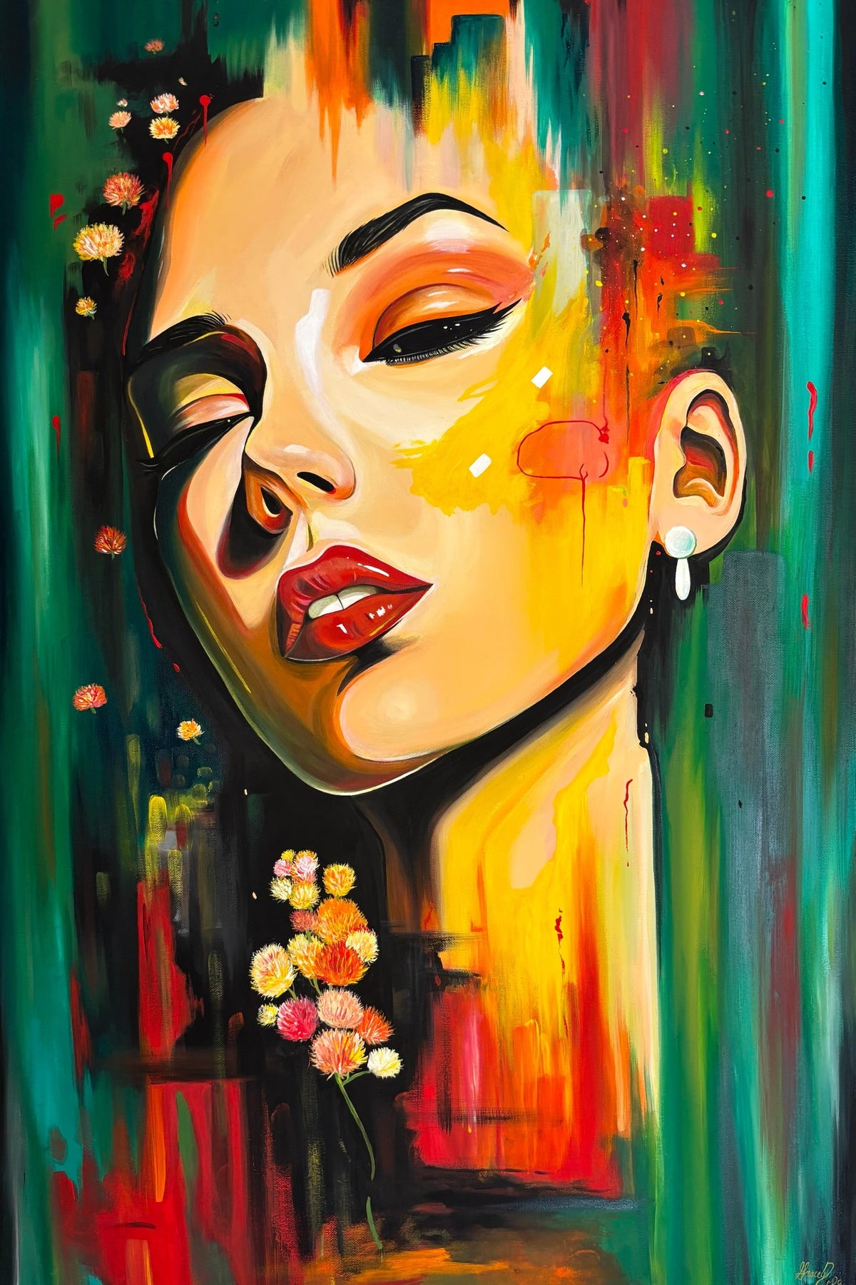 A canvas print of an abstract painting featuring a stylized female face with prominent red lips and floral elements, predominantly in vivid colors.
