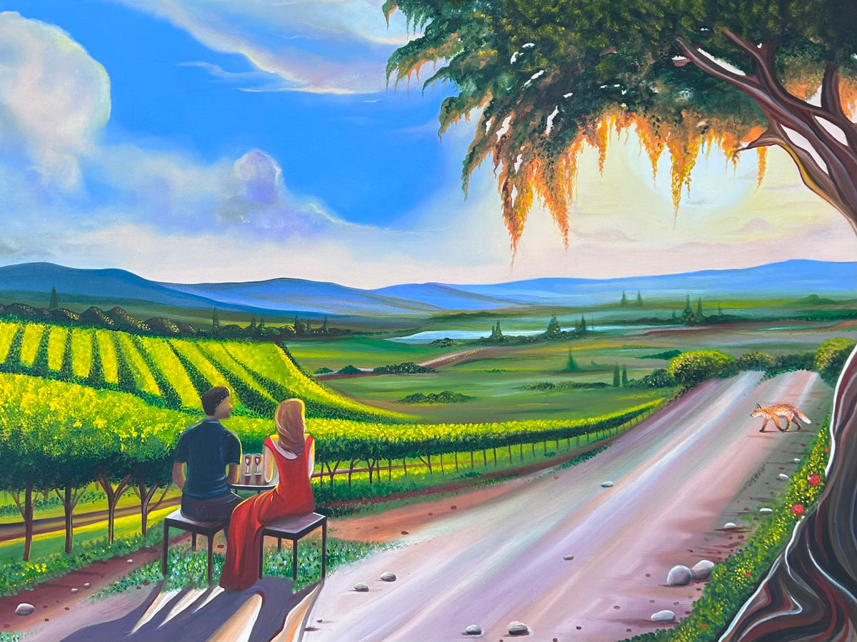 A painting of a winery similar to Napa Callwy, at sunset.  