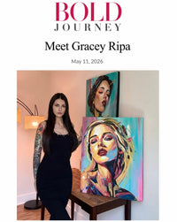 Gracey Ripa standing next to artworks with 'Bold Journey' and 'Meet Gracey Ripa' text on a white background.